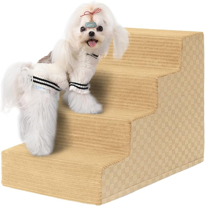 Vfrog Dog Stairs for Small Dogs,17.5" H,4-Step Dog Steps Ramp for Bed and Couch with High Density Foam,Non-Slip Pet Steps for Dogs and Cats,Pet Stairs with a Washable Cover,Khaki