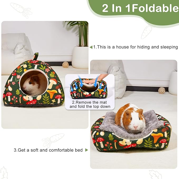 Glittme Guinea Pig Hideout 2Pack Guinea Pig Bed with Soft Pads Washable Guinea Pig House with Non-Slip Bottom Rabbit Hideout for Guinea Pig, Ferrets, Hamster, Guinea Pig Accessories, M