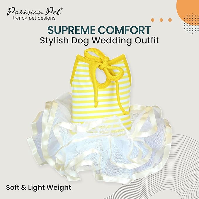 Parisian Pet Ballerina Dog Dress - Summer Clothes for Small Dogs - Comfortable Striped Yellow Pet Dress - Dog Wedding Outfit - Lightweight Puppy Clothes Girl - Designer Dresses for Dogs
