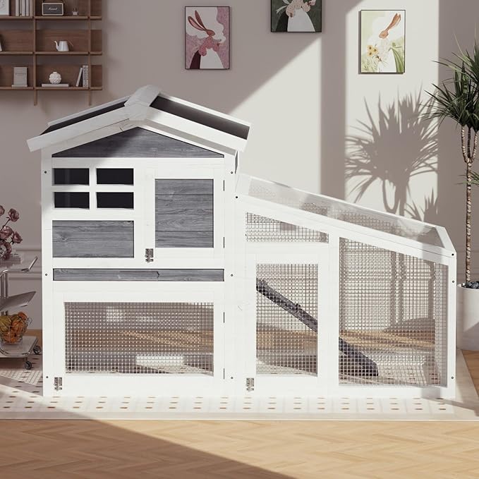 GarveeLife Rabbit Cage, Outdoor Weatherproof Bunny House Wooden, Indoor Bunny Cage with Run, Rabbit Hutch with Removable Tray, Grid Fences, Ramp 53.15" L x 23.62W 37.8" H Gray