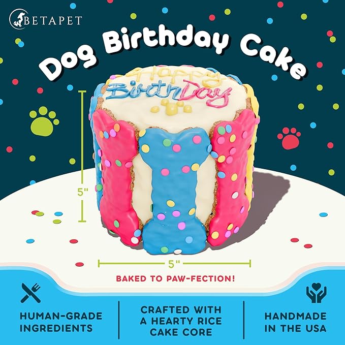 Dog Birthday Cake for Dogs to Eat - Rice Cake Based Dessert Made with Dog Birthday Treats and Human Grade Ingredients Gift for Puppy (5"x5"x5", Tri-Color)