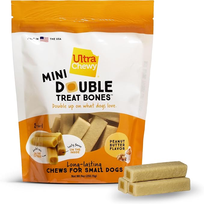 Ultra Chewy Mini Double Treat Bones: Long-Lasting Dog Treats Made in USA, Highly Digestible, Ideal for Aggressive Chewers 9oz (Peanut Butter, 2 Packs)