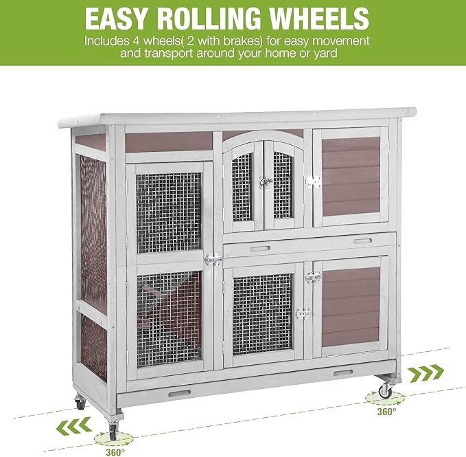 GUTINNEEN Guinea Pig Cage 2-Tier Indoor Outdoor Rabbit Hutch with Wheels, Leakproof Tray, Easy Clean Small Animal Habitat for Bunny, Hamster, Hedgehog, Ferret, Home & Garden Use(Brown)