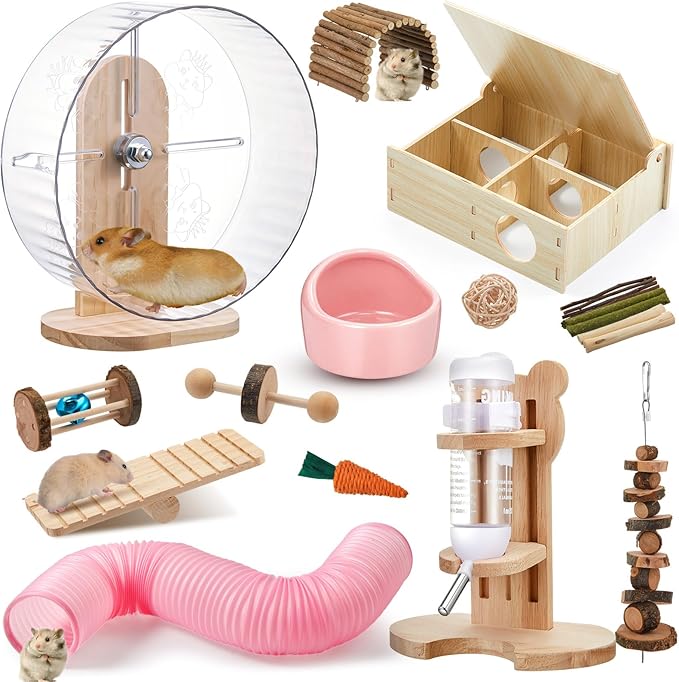 20 Pcs Hamster Toys Set, 16 Small Animal Chewing Toys, Maze Wood House, Silent Exercise Running Wheels and Water Bottle Set Feeding Bowl for Hamster Habitat Rat Cage Accessories(Pink)
