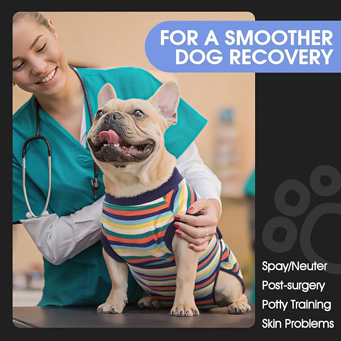FUAMEY Recovery Suit for Dogs After Surgery,Soft Breathable Dog Bodysuit E-Collar & Cone Alternative Surgical Suit,Male Female Dog Neuter Spay Suits Anti Licking Wounds Onesie Dark Blue Stripes XL