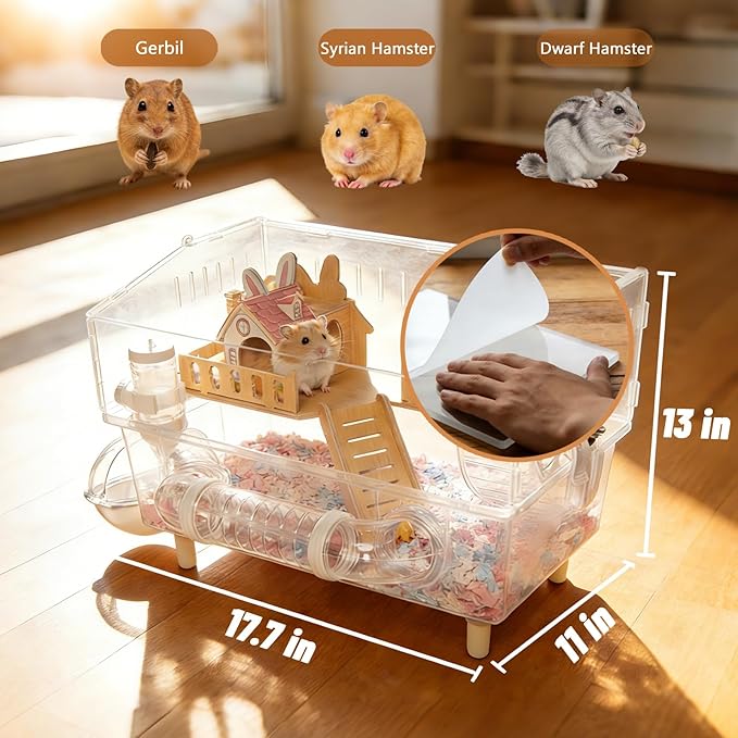 9-in-1 Acrylic Hamster Cage - Clear Pet Cage with 360° Transparent Viewing, Double Layer Chew-Proof Mice Enclosure with Crawling Tunnel for Dwarf Syrian Gerbils, 18 * 13 * 12in (Pink Cottage)