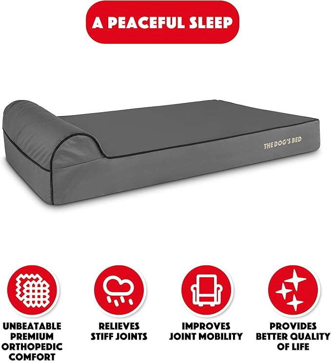 The Dog’s Bed Orthopedic Memory Foam Dog Bed with Headrest, Calming Surface – CertiPUR-Certified Foam, Oxford Fabric, Grey with Black Trim, XL, 6-Inch