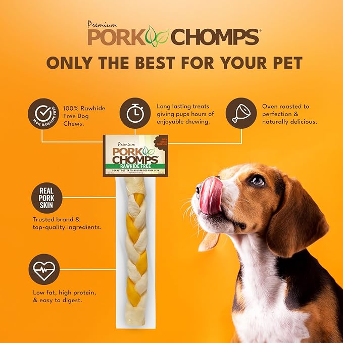 Pork Chomps Roasted Pork Skin Dog Chew, 8-inch Braid, Peaunut Butter Flavor, 1 Count (Pack of 6)