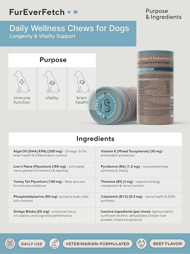 Senior Dogs Vitamin Treats: Brain Function, Longevity, Immune Health, Overall Vitality & Vision in Aging Dogs. Enriched with Breakthrough Active Ingredients (30 Days Supply)