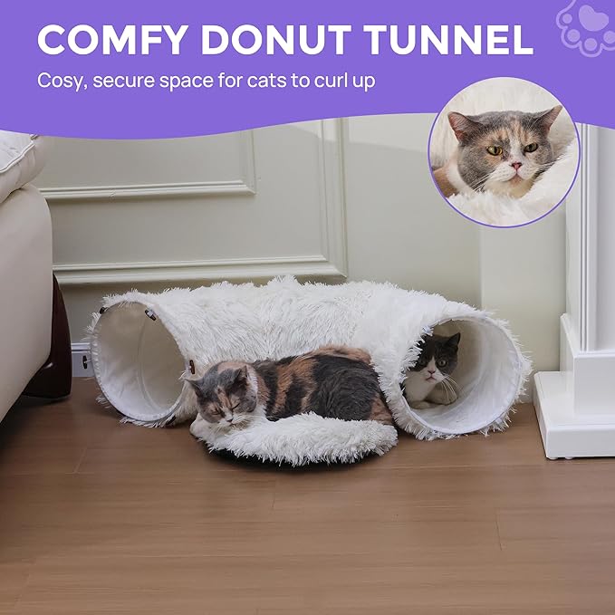 Cat Tunnel with Bed – Soft Plush Peekaboo Donut Cave for Indoor Cats | Under Christmas Tree Hideaway & Multifunctional Playground Toy for Kittens, Rabbits, Ferrets (Long-Pile Fabric White)