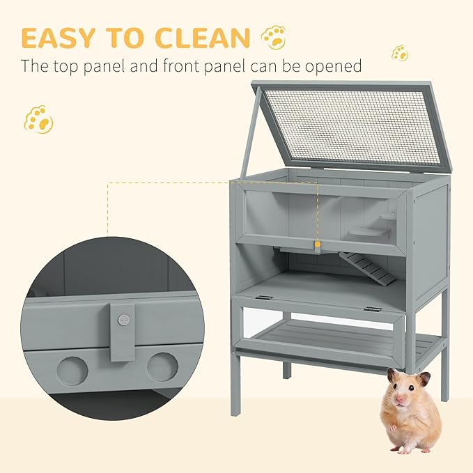 PawHut 3-Tier Wooden Hamster Cage Mice and Rat Cage Small Animals Hutch with Openable Top, Front Door, Storage Shelf, Gray