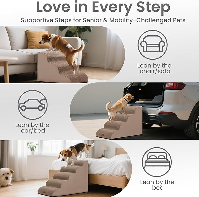 GoGoBunny Ramp Dog Stairs for High Beds 24.4" H, 5-Step Extra Wide Dog Slope Stairs with Durable Waterproof Fabric Cover, Pet Steps for Old Large Dogs Climbing, Non-Slip Sturdy Indoor Step, Camel