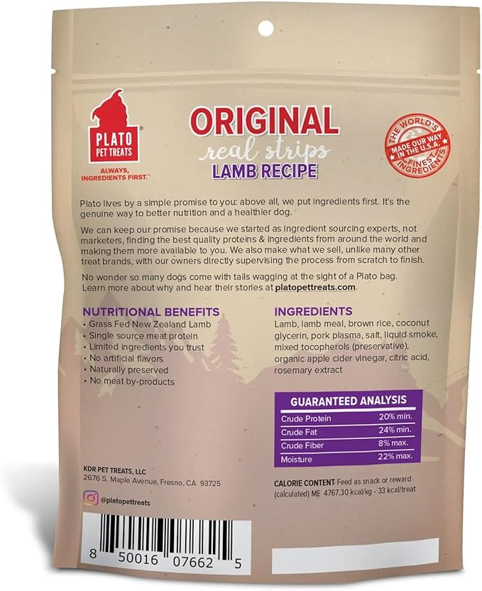 PLATO Pet Treats Real Strips Dog Treats – Lamb – Air-Dried High Protein Dog Treats – Limited Ingredient, Nutrient Dense, No Artificial Flavours– Made in USA – 6 oz