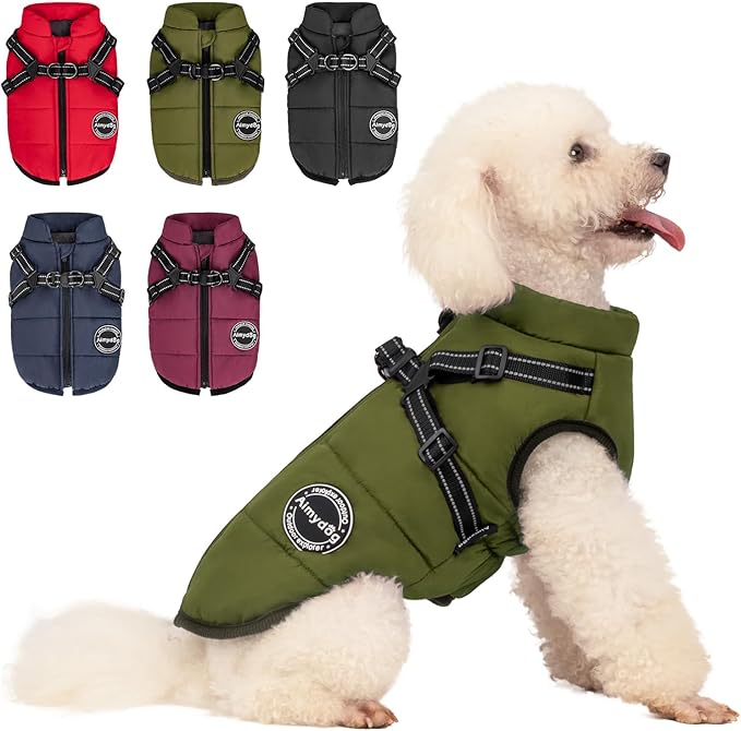 Dog Winter Coat, Warm Dog Jacket Reflective Adjustable Fleece Vest with Harness Built in, Windproof Pet Snow Jacket Snowsuit with Zipper for Small Medium Dogs, Green XS
