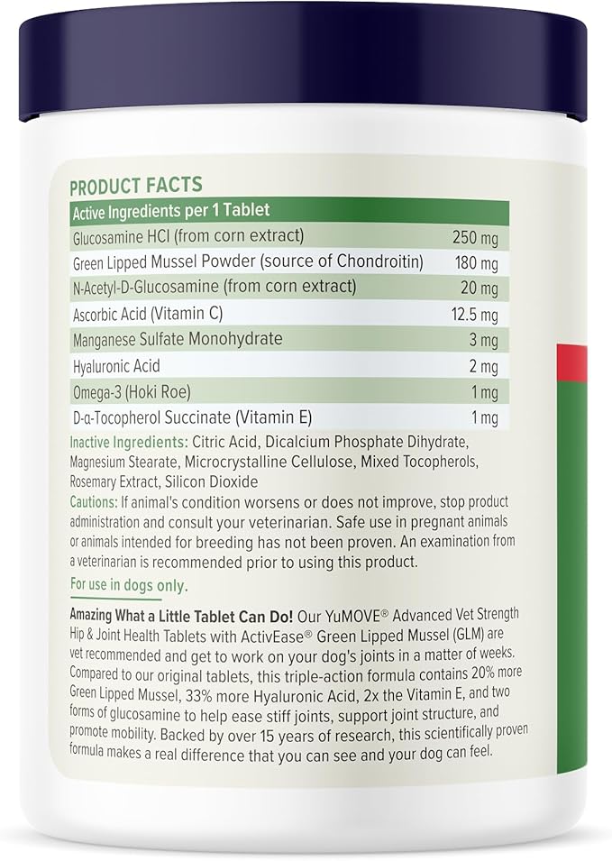 YuMOVE Dog Hip & Joint Supplement, Regular or Advanced Strength - ActivEase Green Lipped Mussel, Glucosamine, Hyaluronic Acid & Omega 3 - Chewable Tablets (120ct Chewable Tablets, Advanced Strength)