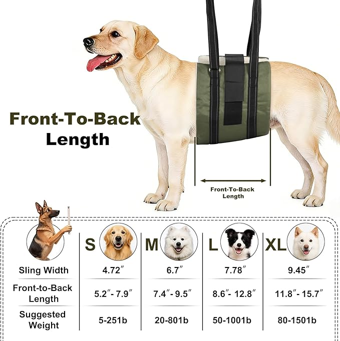 Dog Sling Adjustable Dog Lift Harness: Hip Support Sling for Dog, Dog Rehab Harness for Weak Rear Legs, Helps Disabled, Senior, Injured, and After ACL Surgery Dogs, Army Green for Large Dogs