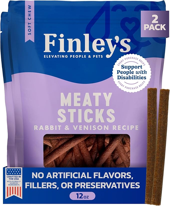 Finley's Rabbit & Venison Meaty Sticks, Limited Ingredient Chicken-Free Dog Treats with Real Meat, 12oz, 2 Pack