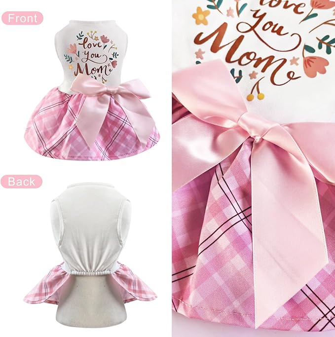 Idepet Dog Dress Love You Mom, Mother's Day Dog Dresses Puppy Skirt Pet Apparel Daisy Sleeveless Holiday Clothes for Small Dogs Girls and Cats, Pink Plaid, Medium