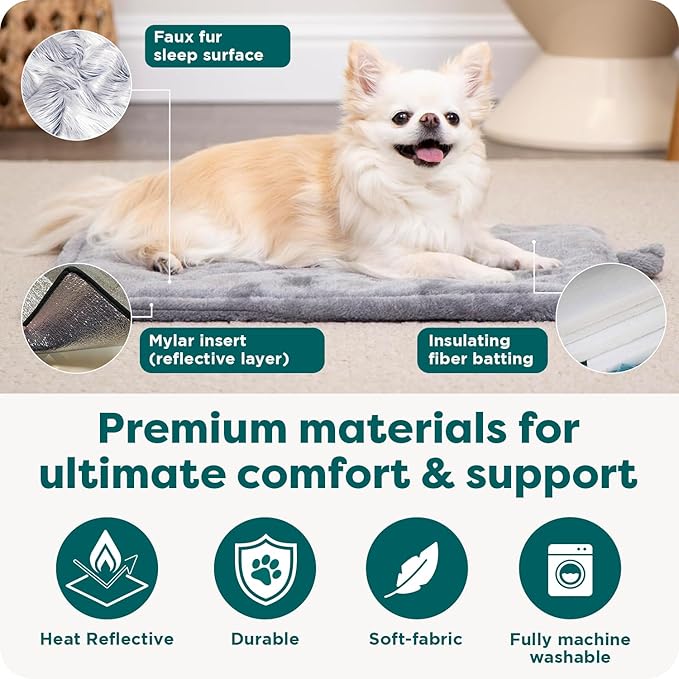 Furhaven ThermaNAP Self-Warming Cat Bed for Indoor Cats & Large/Medium Dogs, Washable & Reflects Body Heat - Quilted Faux Fur Reflective Bed Mat - Cream, Large
