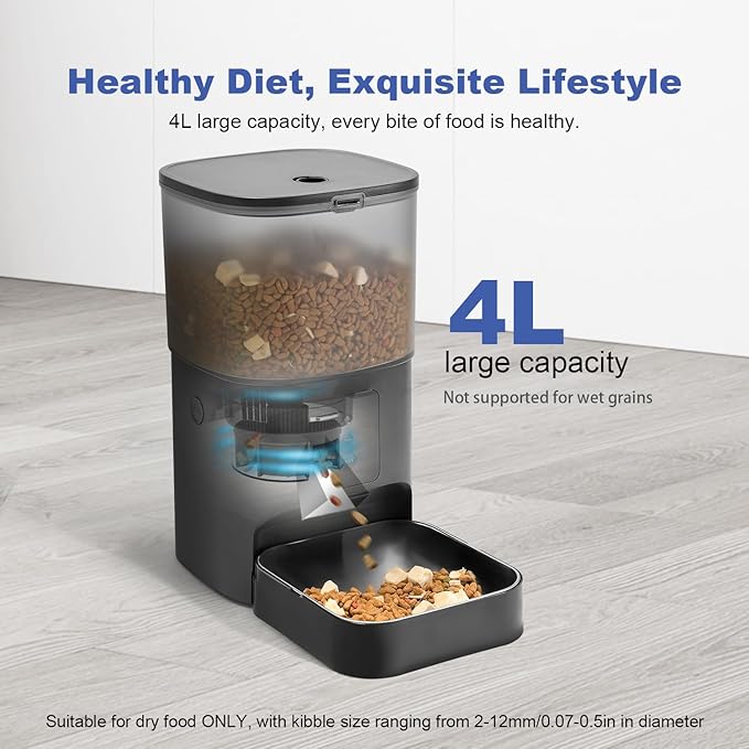 2.4G Automatic Cat Feeder, 4L WiFi Food Dispenser with 10s Voice Recorder, Pet Feeder up to 10 Meals per Day, Timed Cat Feeder with Dry Food Sealed Ring