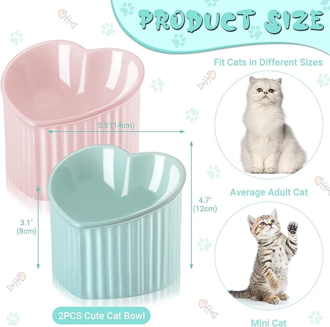 Mumufy 2 Pcs Ceramic Elevated Cat Bowls Tilted Elevated Raised Pet Bowls Anti Vomit Cat Dish for Indoor Stress Free Water Dish Feeder for Puppies, Heart Shaped(Macaron Blue, Pink)