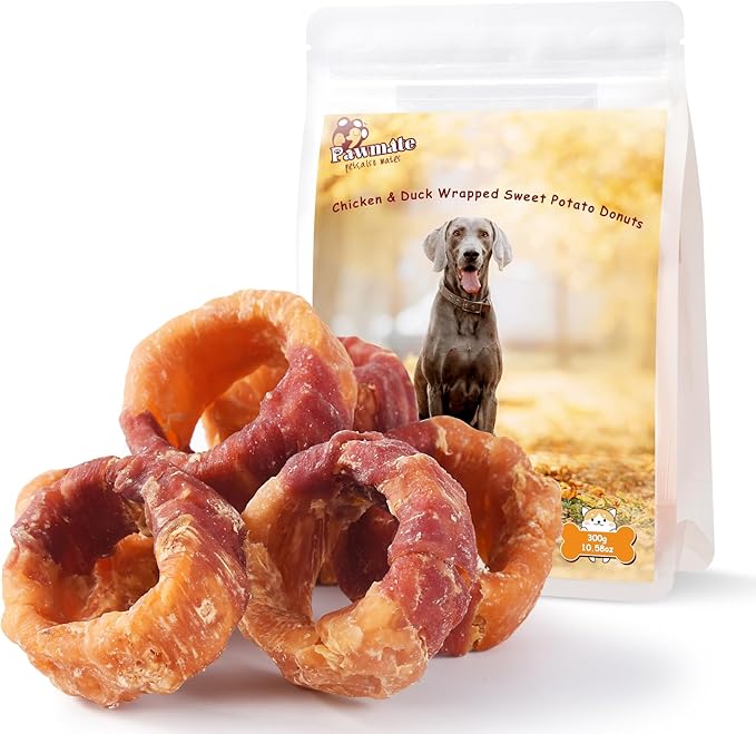 Sweet Potato Donuts Dog Treats Chicken & Duck Wrapped, Healthy Low Fat Dog Jerky Chews, High Protein Training Treats Snacks for Small Medium Large Breed, 10.6 oz