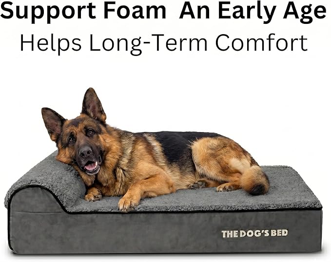 The Dog’s Bed Orthopedic Memory Foam Dog Bed with Headrest, Calming Surface – CertiPUR-Certified Foam, Plush Fabric, Grey Plush, XL, 6-Inch