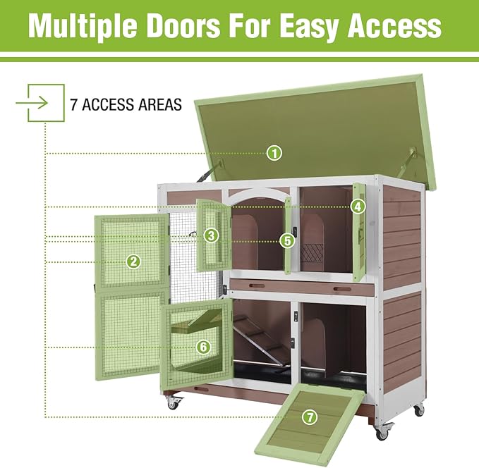 Rabbit Hutch Indoor & Outdoor, Mobile Bunny Hutch with Wheels, 47’’ Wooden Rabbit Cage with 2 Pull Out Trays and Ramp, Two-Story Design Guinea Pig Cages