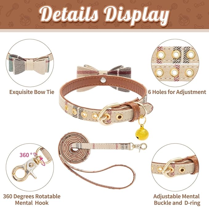 BINGPET Bow Tie Dog Collar with Leash Set - Cute Adjustable Classic Plaid Dog Bandana Collar with Bell, Fit for Small Dogs, Puppies and Cats Outdoor Walking