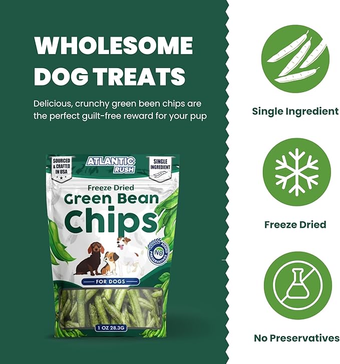 Atlantic Rush Freeze Dried Green Bean Chips for Dogs- 1oz Resealable Bag of Dried, Green Crispy Beans- Single Ingredient, No Salt or Canola Oil- Crispy, Shelf Stable - Made in USA (1 oz Bag)