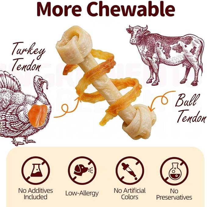TailParty Turkey Tendons for Dogs with Fish Oil & Taurine: All Natural Dental Chews & Training Treats for Large Dogs, Long Lasting Snack for Health-Conscious Pet Owners(Bone, 4 oz)