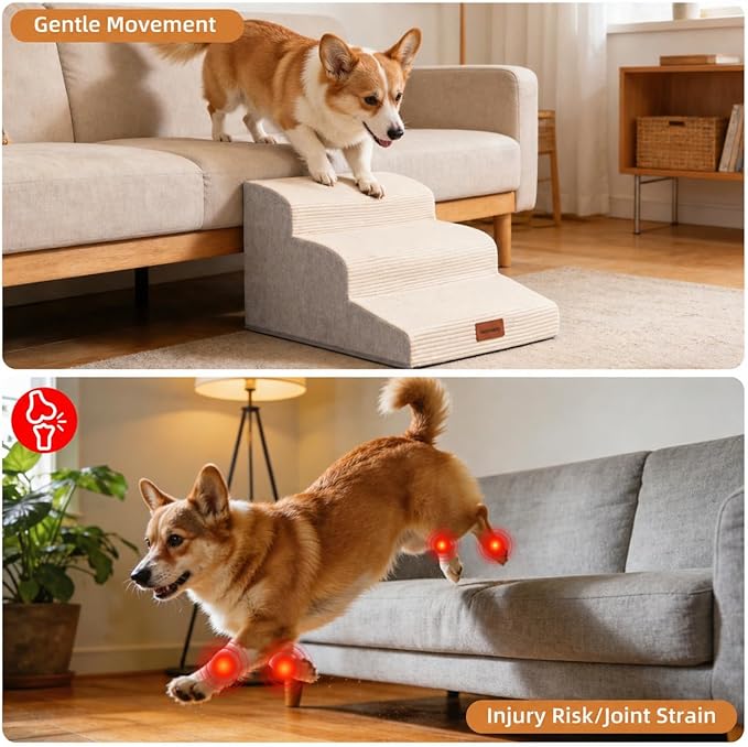 Dog Stairs for Small Dogs and Cats, 15.7" H, 3-Step Curved Pet Ramp for Couch Sofa and Chair, Non-Slip Medium Pet Steps with High Density Foam, Beige