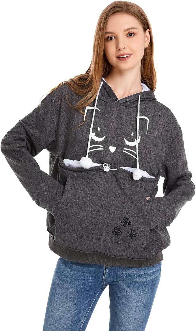 ALYC Unisex Hoodies Pet Holder Cat Dog Kangaroo Pouch Carries Pullover with Cat Printing Sweatshirt (Dark Grey, S)