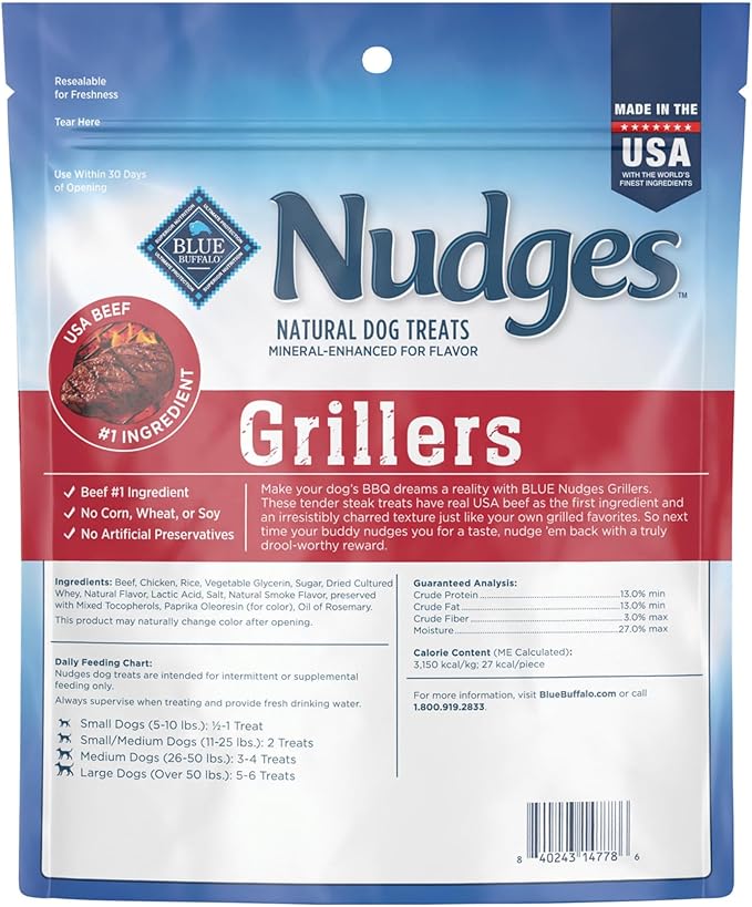 Blue Buffalo Nudges Grillers Natural Dog Treats, Made in the USA with Real Steak, 16-oz Bag (Pack of 5)
