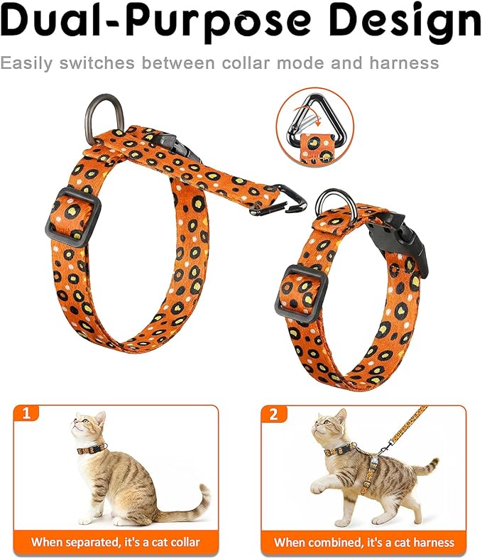 Halypet 2-Pack Cat Harness and Leash Set, Escape Proof 3-in-1 Adjustable Harness for Cats, Soft Lightweight, Easy On & Control for Walking, Travel & Outdoor Use, Vibrant Leopard Orange, Medium
