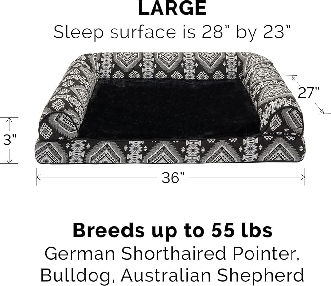 FurHaven Supportive Memory Foam Sofa Dog Bed with Washable & Removable Cover - Plush/Woven - Black Medallion, Dogs Up to 55 lbs - Large