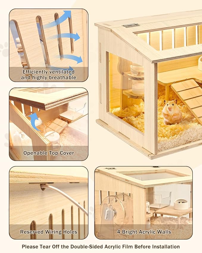 Small Wooden Hamster Cage for Dwarf Hamsters, 15.8" Portable Habitat with Acrylic Panels & Openable Top, Includes Water Bottle & Platform for Robo, Winter White Hamsters & Campbell’s Dwarf Hamsters