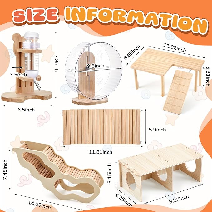 6 Pcs Hamster Toys Set, Maze Wood House, Climbing Ladder Wooden Bridge Tunnel Toy Platform Silent Exercise Running Wheels and Water Bottle Set for Rat Guinea Pig Habitat Cage(Premium)