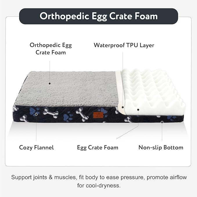 XL Dog Bed for Crate, 41x27 Inch Washable Crate Mat with Removable Cover & Anti-Slip Bottom, Comfy Orthopedic Egg Crate Foam Flat Pet Bed, Navy
