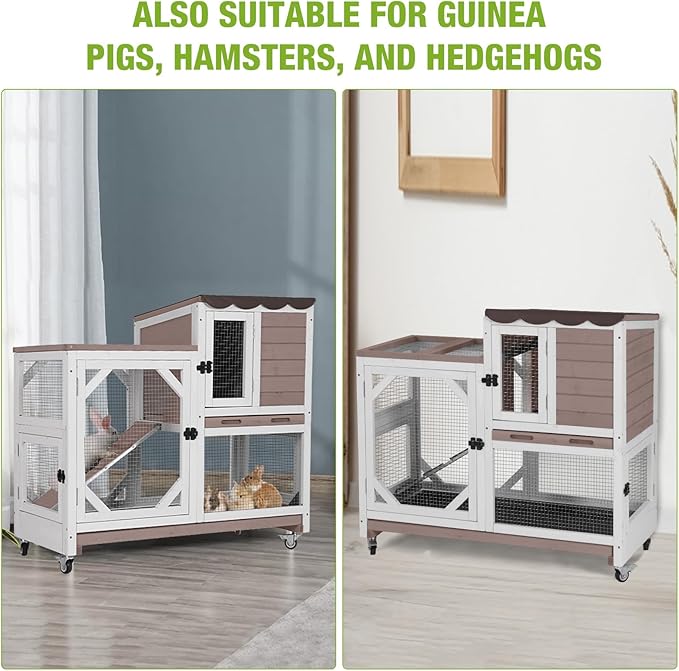 GUTINNEEN Rabbit Cage Outdoor with Pull Out Tray Rabbit Hutch Indoor Bunny Cage on Wheels 2 Story Bunny Hutch No Leakage Guinea Pig Cage