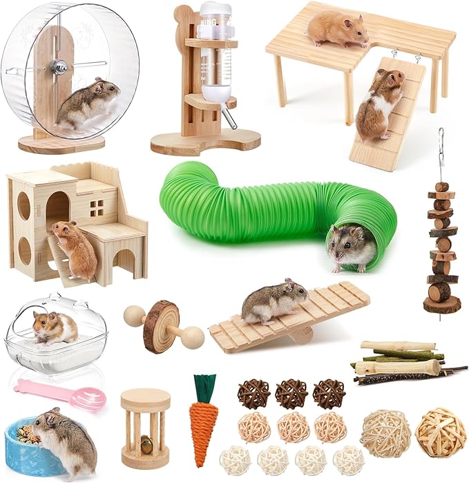 40 Pcs Hamster Cage Accessories, 9.5'' Exercise Wheel, Wood Platform Hideout House, Water Bottle, Sand Bath, Bowl, Chew Toys for Syrian Hamsters Mice Gerbils Habitat Decor(Fun Style)