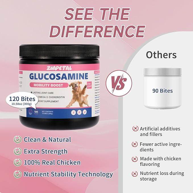Senior Dog Hip & Joint Supplement – Chicken Flavor Soft Chews with Glucosamine, Chondroitin, MSM, Yucca & Dual Omega 3-6 – Daily Multivitamin for Mobility & Vitality – ZOAPETAL