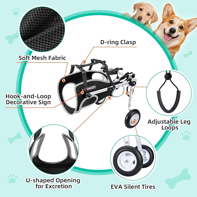 Nasjac Dog Wheelchair for Back Legs - Lightweight Portable Wheelchair with Reflective Stripes, Adjustable Pet Wheelchair Cart for Senior, Arthritis, Paralyzed, Injured, or Disabled Dogs