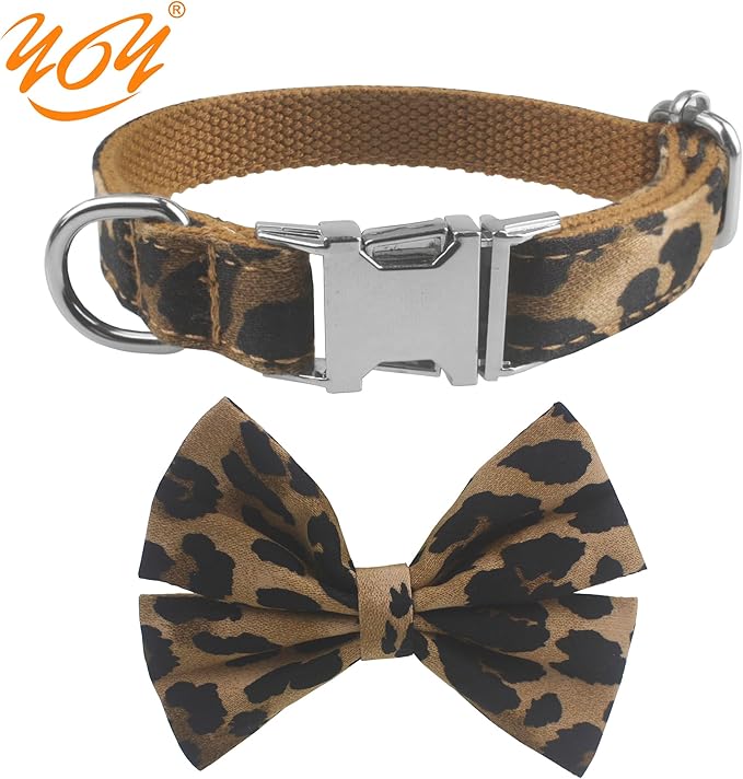 YOY Soft Comfortable Adjustable Leopard Print Pet Collar with Bowtie, Cute Cat Collar and Leash Set for Small Dogs Cats Kitten, Puppy Kitty Grooming Doggy Accessories, Length 8"-13"