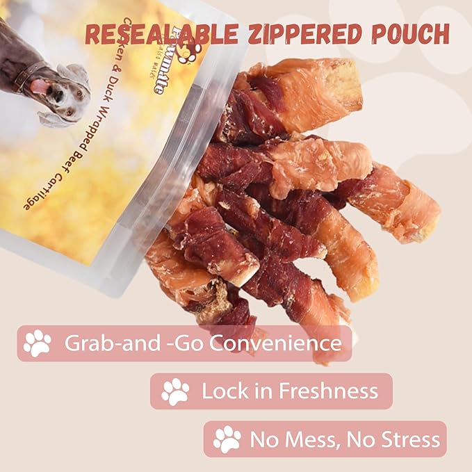 Dog Treats Chicken & Duck Wrapped Beef Cartilages, Long Lasting Dog Bones Rawhide Free & Grain Free, Low Fat Dog Chews for Medium Large Breed Dogs, 10.6 oz