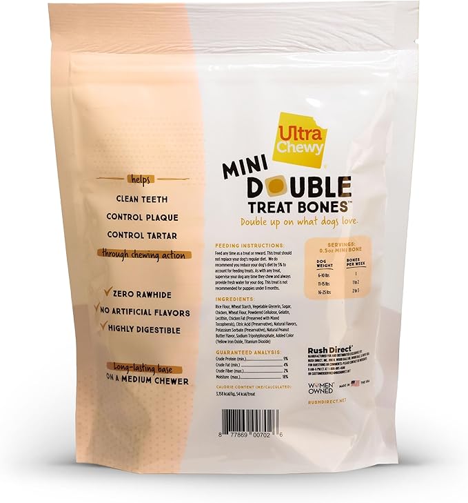 Ultra Chewy Mini Double Treat Bones: Long-Lasting Dog Treats Made in USA, Highly Digestible, Ideal for Aggressive Chewers 9oz (Peanut Butter, 2 Packs)