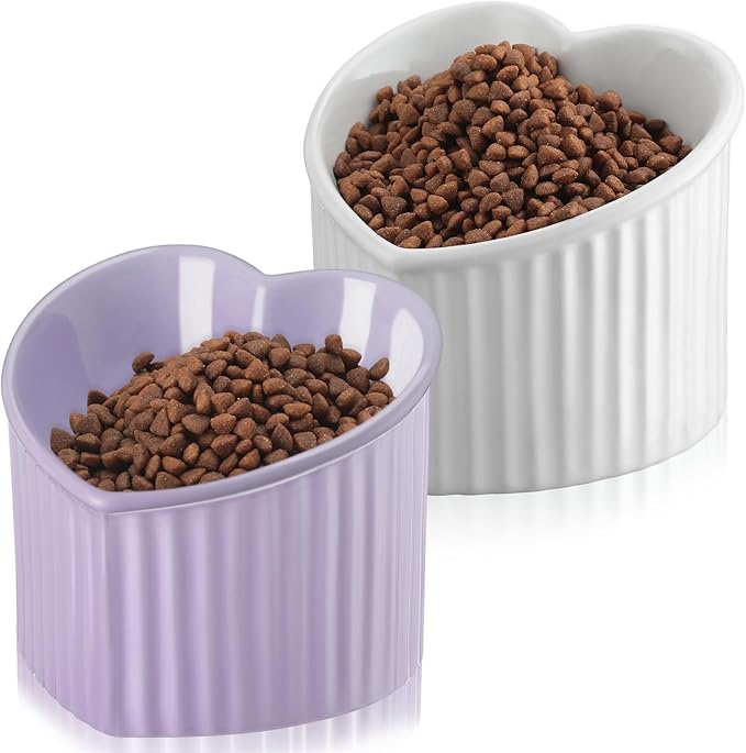 Mumufy 2 Pcs Ceramic Elevated Cat Bowls Tilted Elevated Raised Pet Bowls Anti Vomit Cat Dish for Indoor Stress Free Water Dish Feeder for Puppies, Heart Shaped(White, Purple)