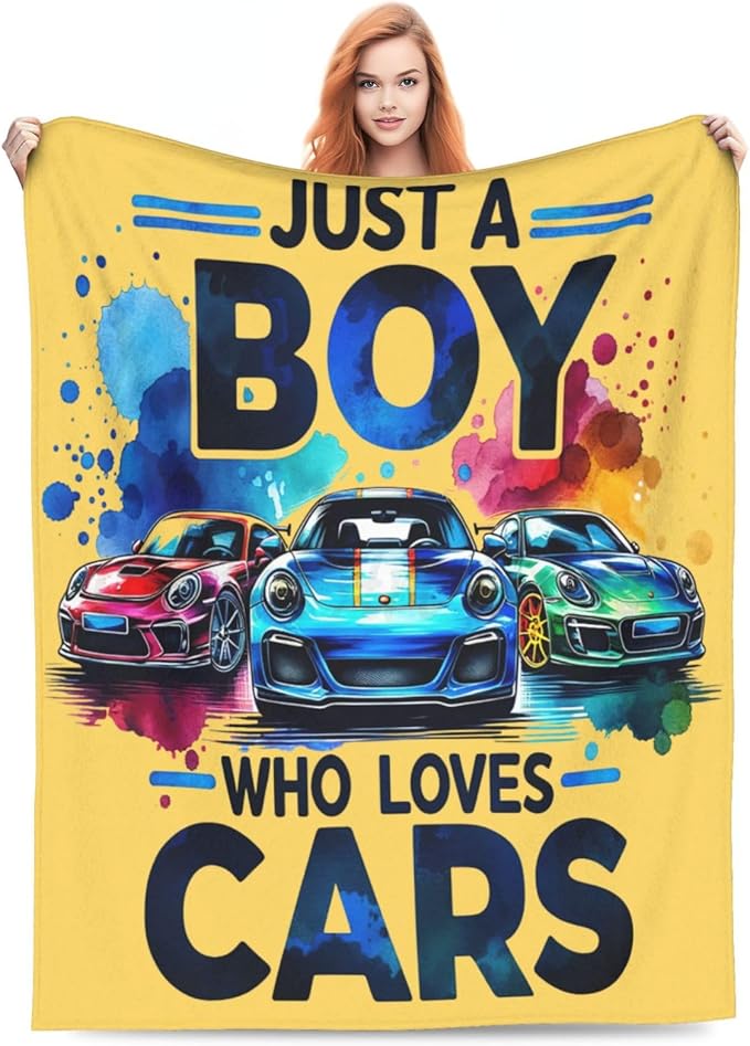 SweetFox Just A Boy Who Loves Cars Blanket, Cars Decor Throw Blanket Gifts for Girls Boys Lovers Super Warm Soft Plush Fleece Flannel Winter Bedding Blankets for Kids Adults Men Women 80"X60"
