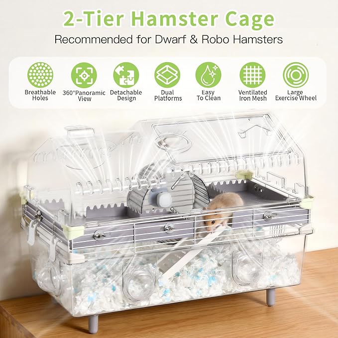 Large Multilevel Hamster Cage 22x12x15in for Dwarf Hamster Robo Hamster with 2 Platforms, Exercise Wheel, 3 Connectable Tube Ports, 2 Ladders, Sunroof Door, Plastic Metal Wire, Clear/Gray