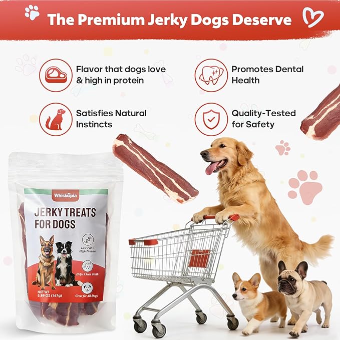 Beef Jerky Dog Treats, Made with Real Beef Chewy Steips for Aggressive Chewers High-Protein Training Treats for Teeth Cleaning, 5.89 oz